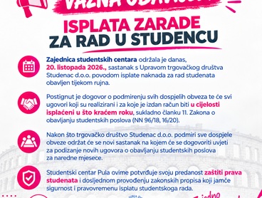 VAŽNA OBAVIJEST - ISPLATA ZARADE ZA RAD U STUDENCU