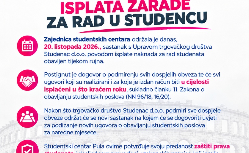 VAŽNA OBAVIJEST - ISPLATA ZARADE ZA RAD U STUDENCU